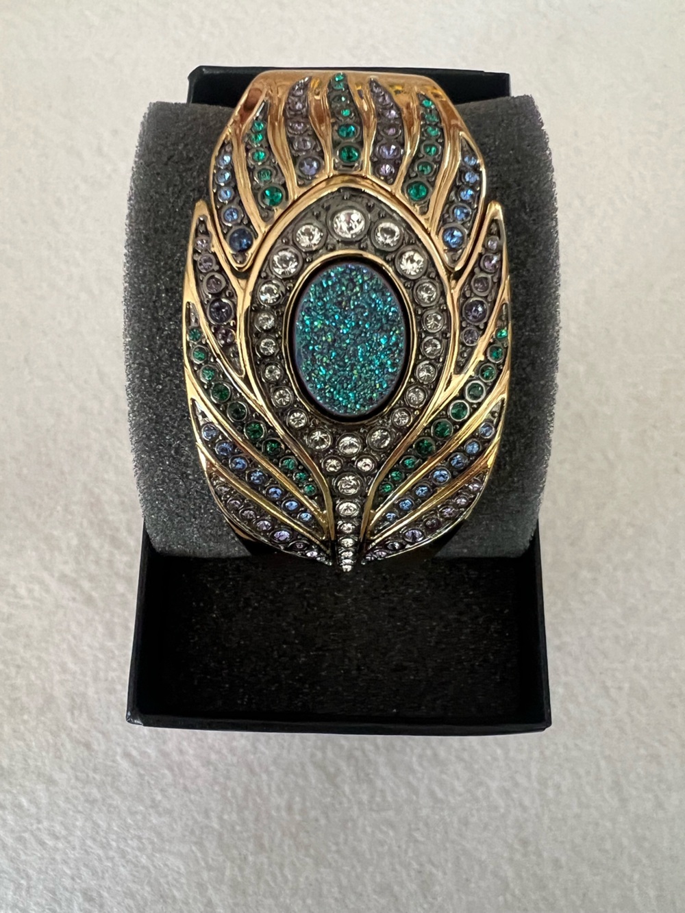 Victoria Wieck Gold Peacock Feather Cuff with Teal Druzy and Multicolor Crystals